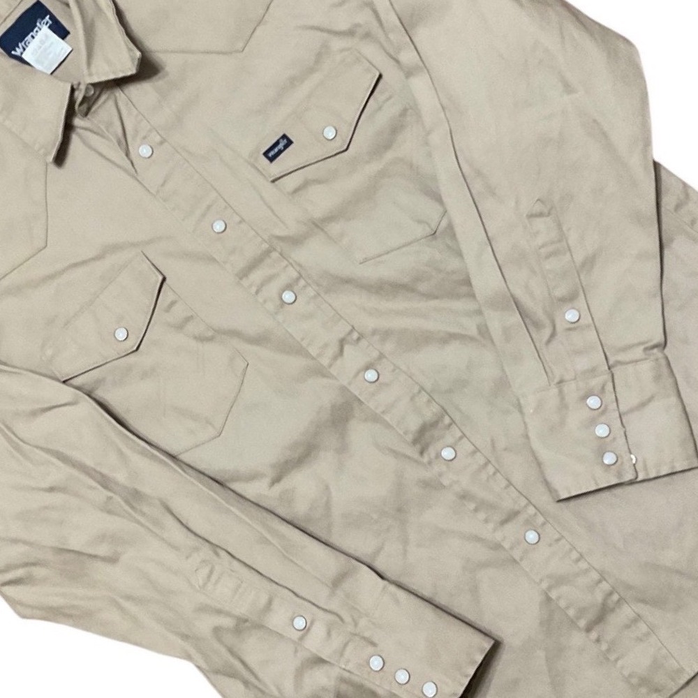 Wrangler Mens Western Pearl Snap Shirt Khaki Tan Cotton Twill Long Sleeve Large